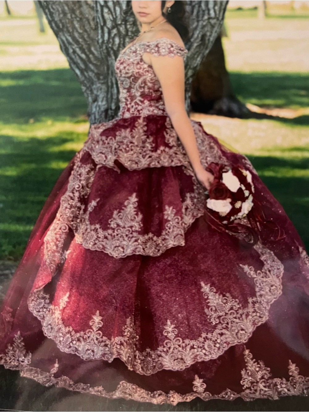Girls' Burgundy Lace Tiered Ball Gown Dress